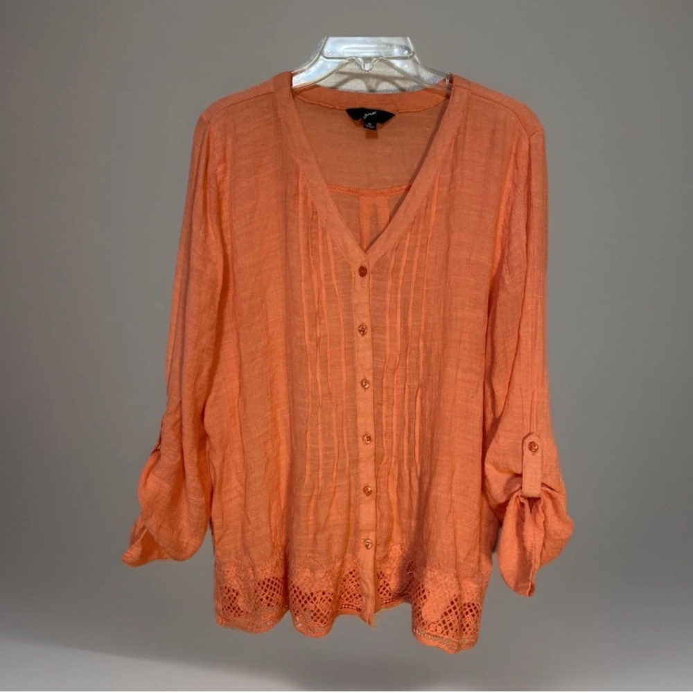 GNW Womens Orange Light Sheer Blouse Sz XL Button Up Sleeve Long Button Tabs Top